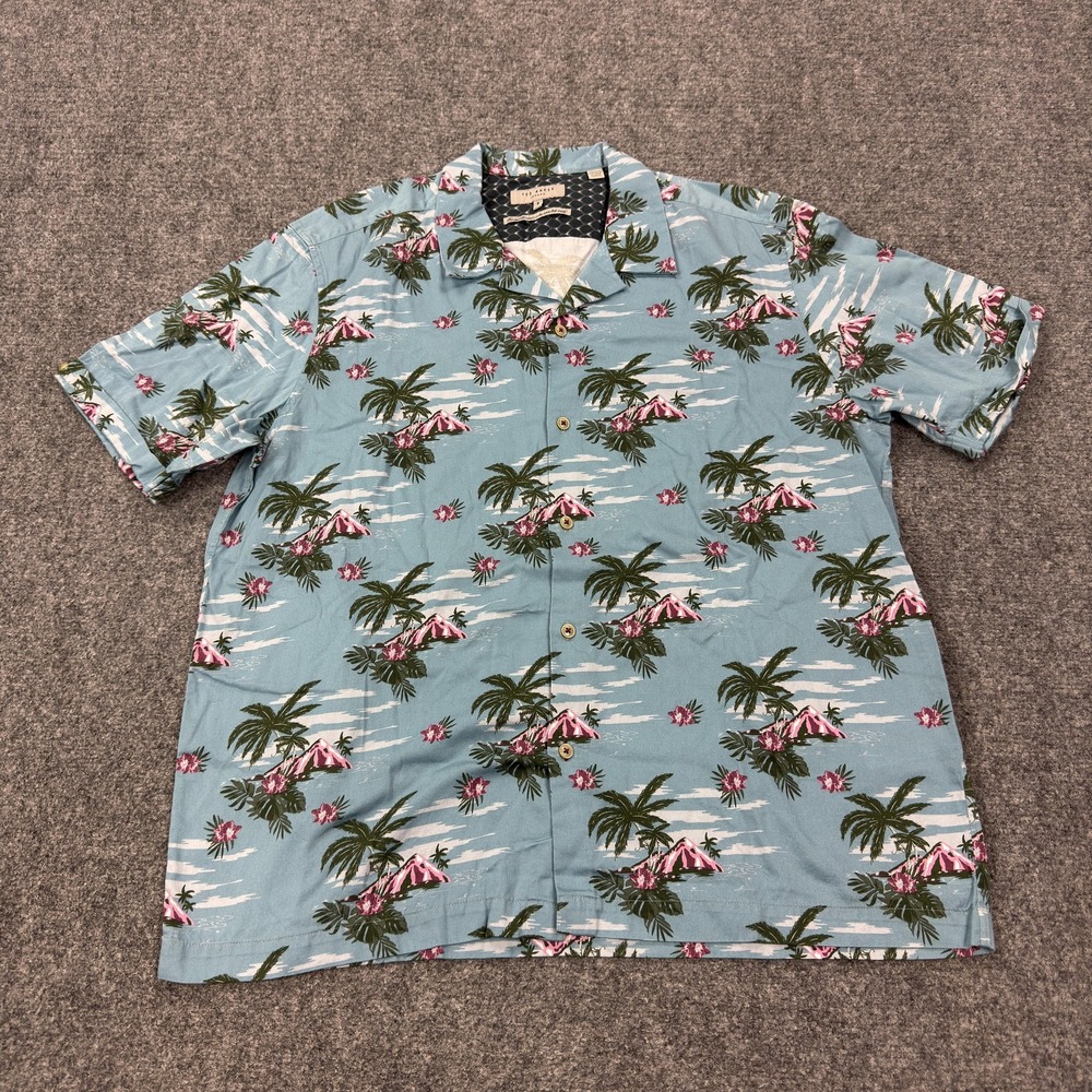Ted Baker Shirt Mens 2XL Blue Floral Cotton Short Sleeve Button Front Hawaiian